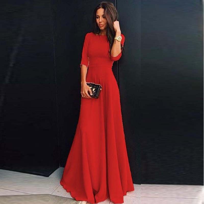 Slim Pure Color 3/4 Sleeves Pleated Long Maxi Dress