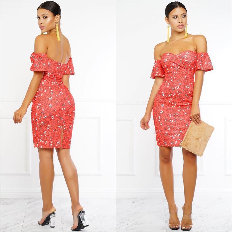 Print Off Shoulder Short Loose Sleeves Bodycon Knee-length Dress
