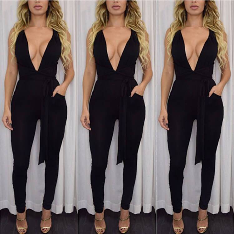 Bandage Backless High Waist Deep V-neck Long Skinny Jumpsuits