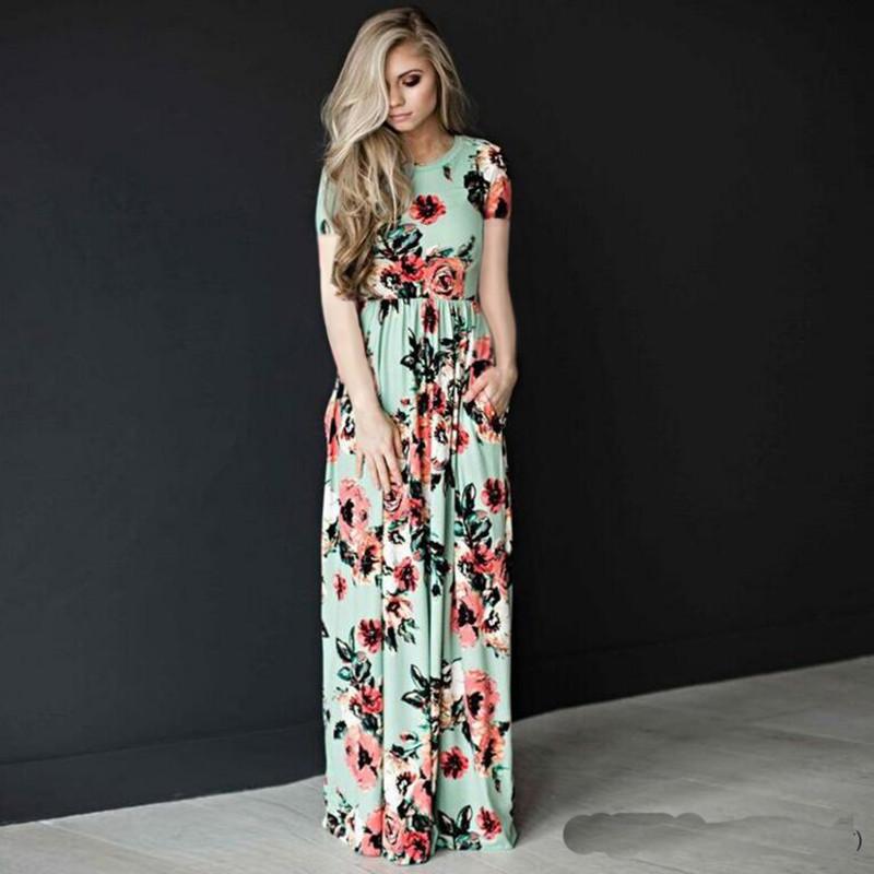 Flower Print 3/4 Sleeves and Short Sleeves High Waist Long Party Dress