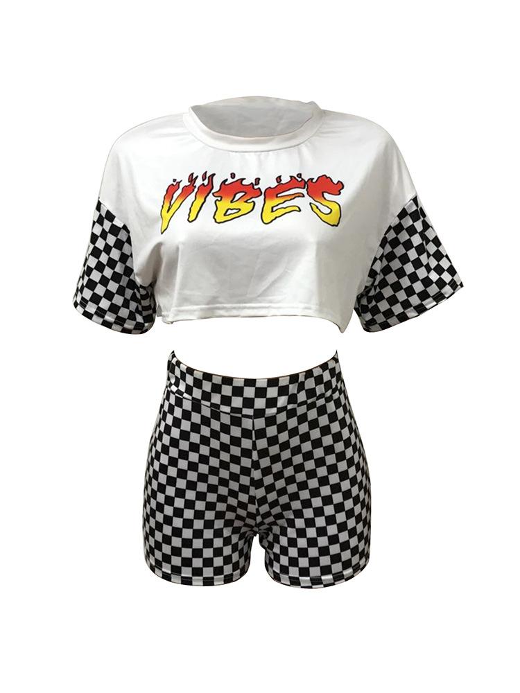Print Plaid Loose T-shirt with Shorts Two Pieces Set