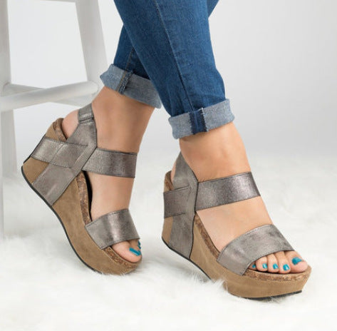 Retro Open Toe Ankle Wrap Platform Women Wedge Sandals with Plus Size