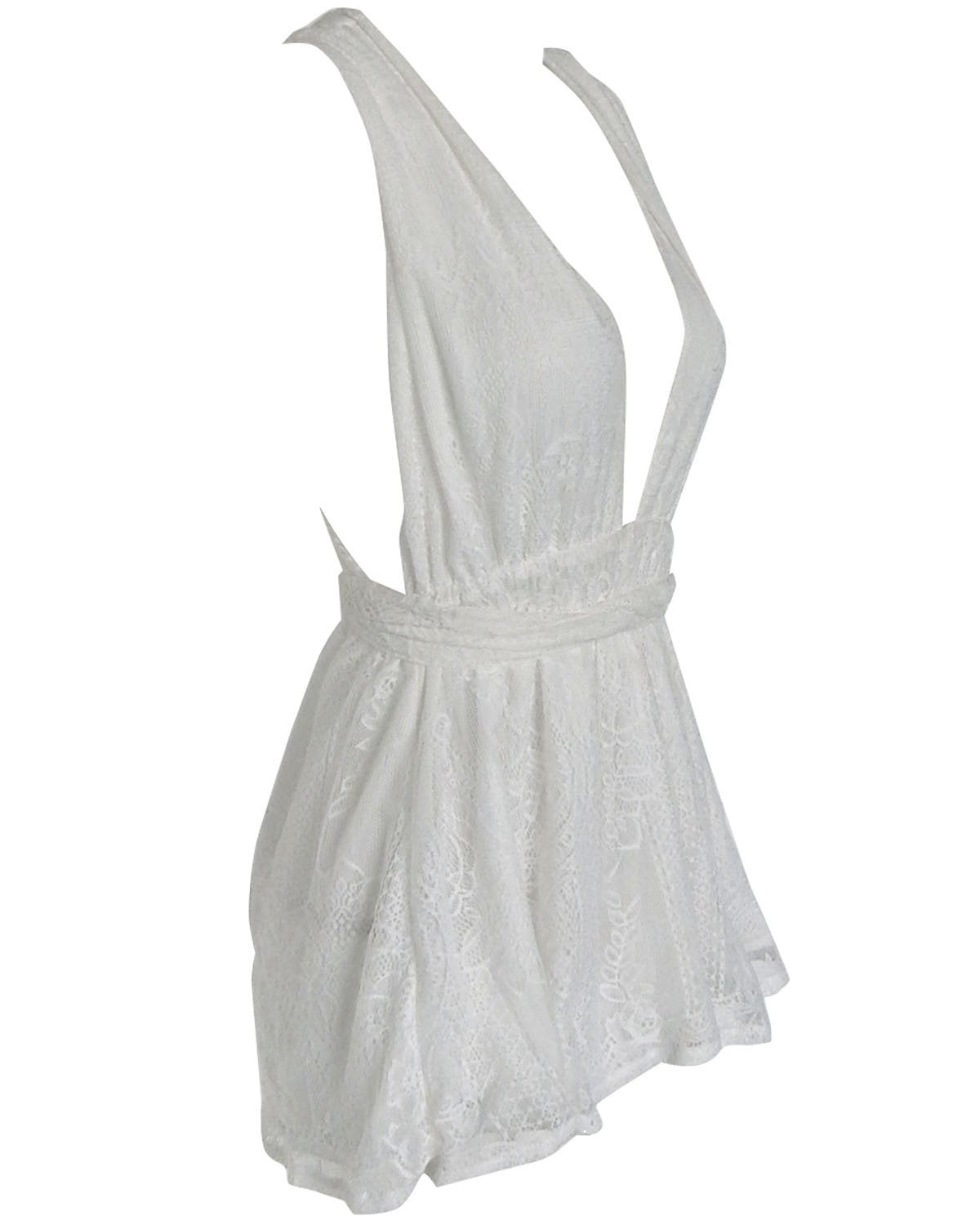 Backless Spaghetti Strap White Lace Back Cross V-neck Short Dress