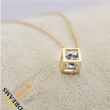 CRYSTAL ZIRCON CUBE PENDANT CLAVICLE NECKLACE
