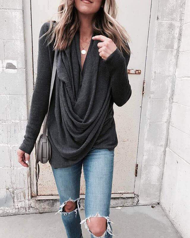 Irregular V-neck Drapped Long Sleeves Loose Long Blouse