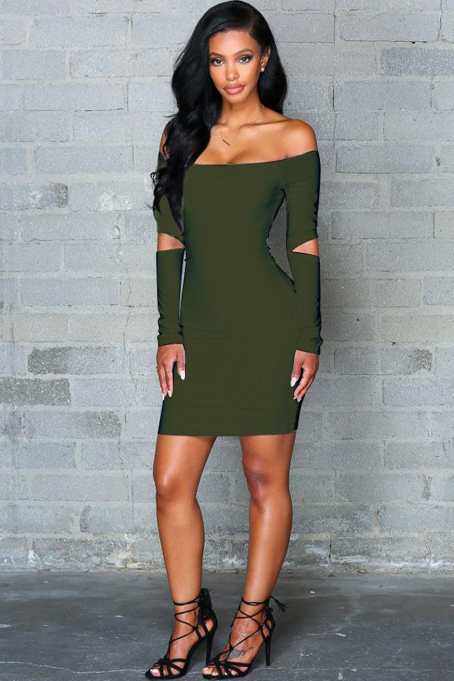 Pure Color Off Shoulder Hollow Sleeve Short Bodycon Dress