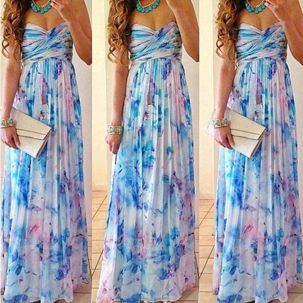 Off Shoulder Print Backless Sleeveless Long Dress