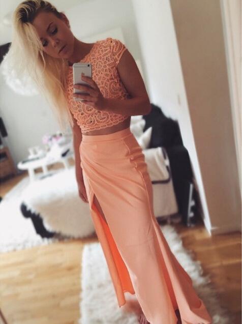 Scoop Lace Crop Top Split Long Skirt Dress Suit