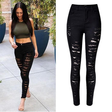Slim Elastic Ripped High Waist Straight Jeans
