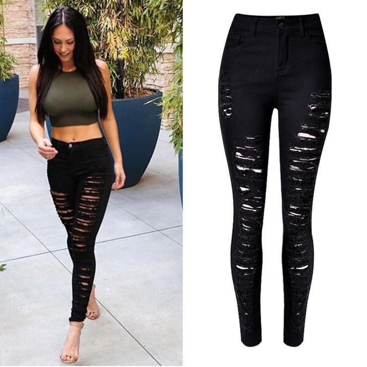 Slim Elastic Ripped High Waist Straight Jeans