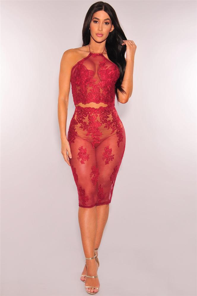 Flower Embroidery Transparent Crop Top with High-waist Skirt Two Pieces Dress Set