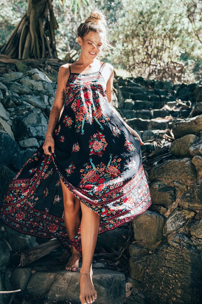 Spaghetti Straps Backless Print Long Beach Dress