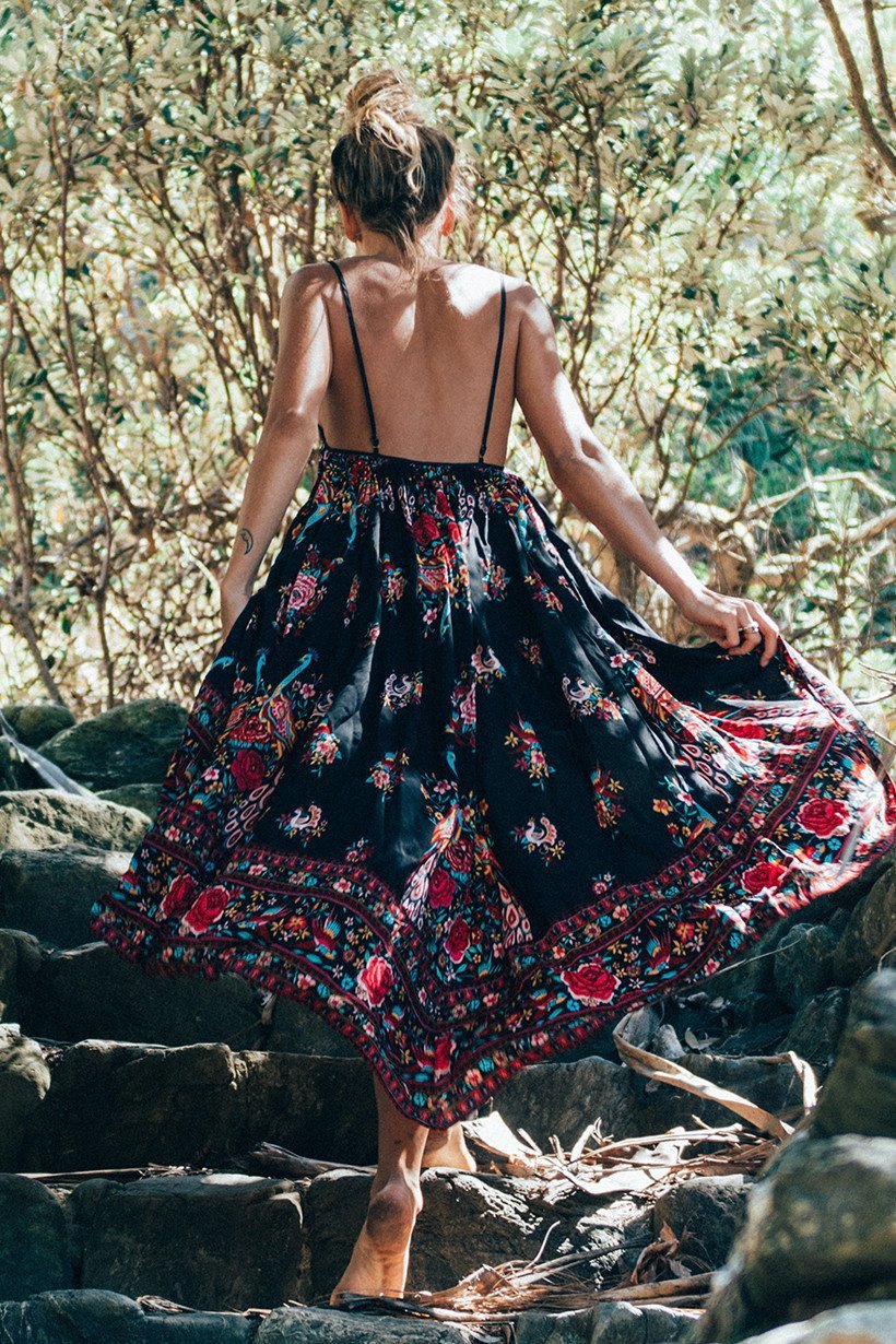 Spaghetti Straps Backless Print Long Beach Dress