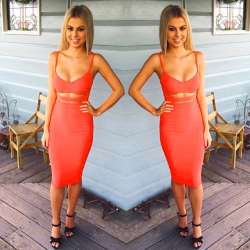 Spaghetti Strap Hollow Out Solid Bodycon Stretch Club Dress