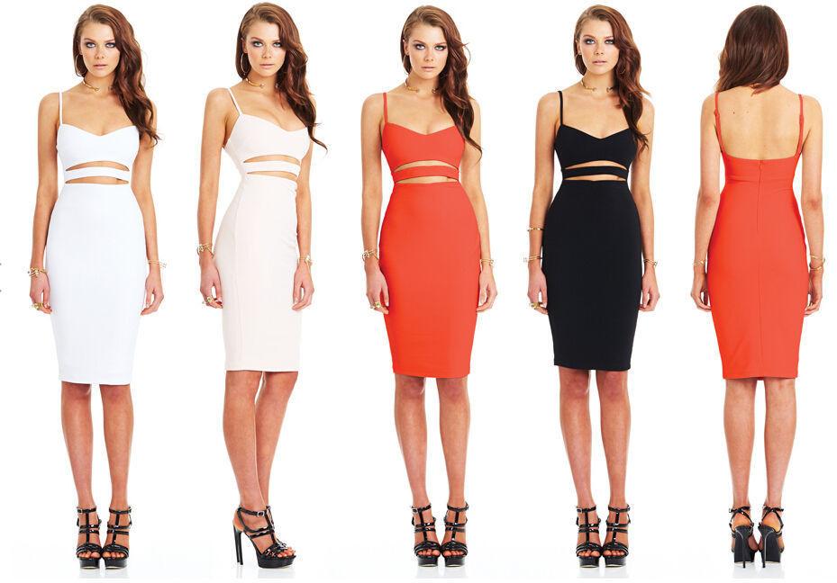 Spaghetti Strap Hollow Out Solid Bodycon Stretch Club Dress