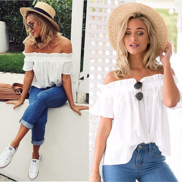 Falbala Ruffles Strapless Short Sleeves Solid Color T-shirt