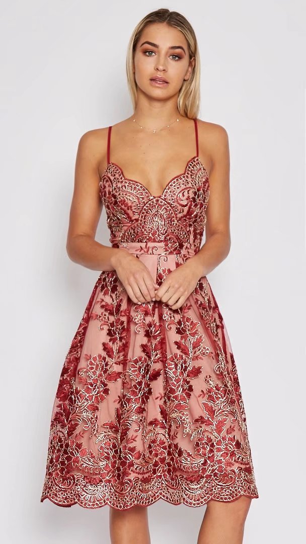 A-line V-neck Flower Print Spaghetti Straps Knee-length Lace Dress
