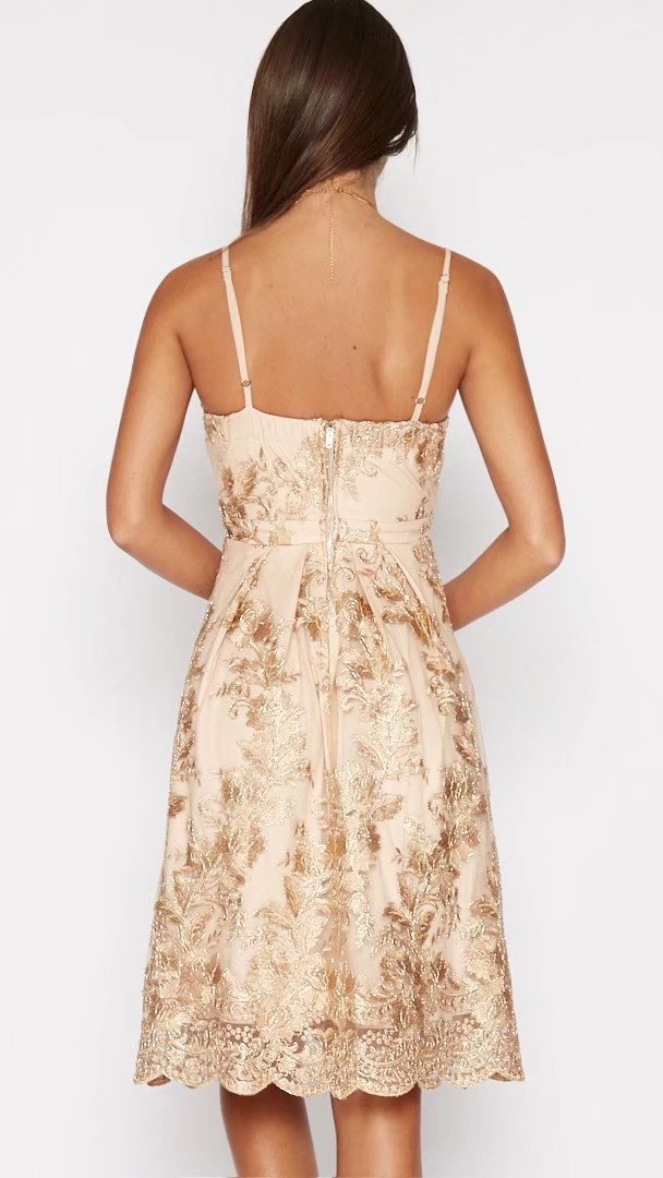 A-line V-neck Flower Print Spaghetti Straps Knee-length Lace Dress