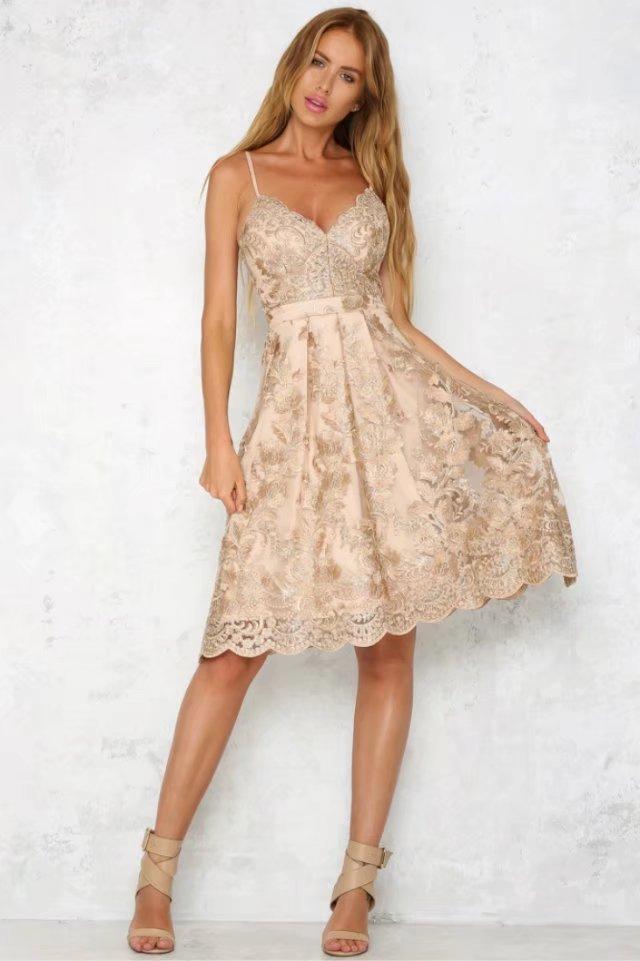 A-line V-neck Flower Print Spaghetti Straps Knee-length Lace Dress