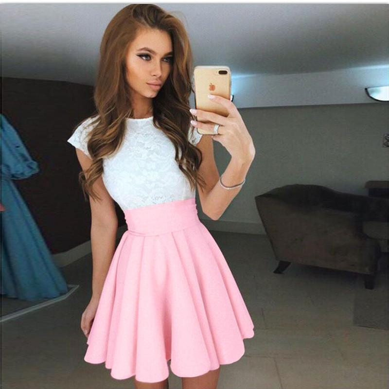 Mini Scoop A-line Lace Patchwork Pleated Short Dress