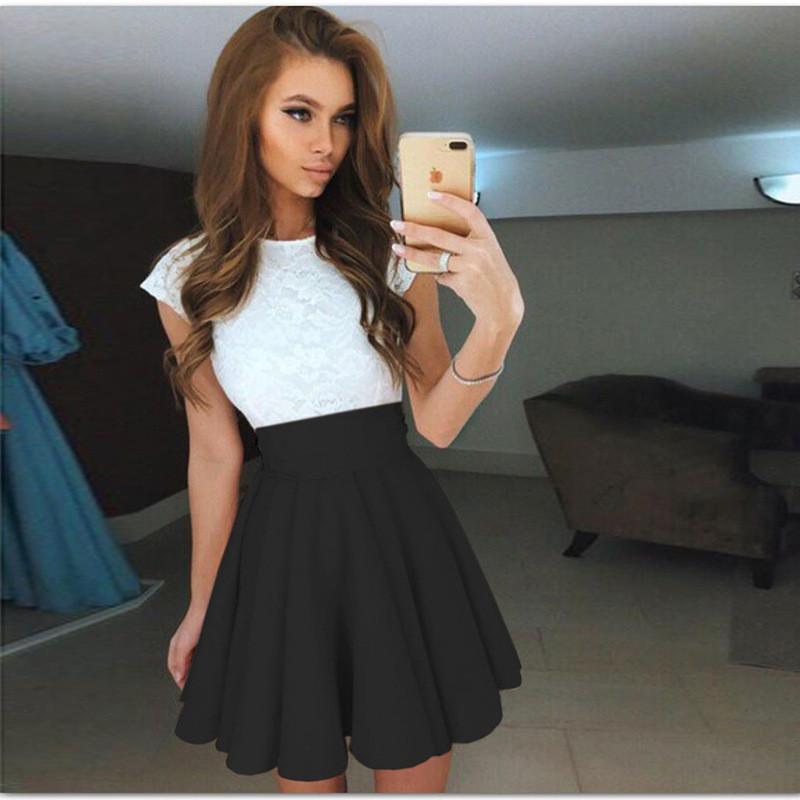 Mini Scoop A-line Lace Patchwork Pleated Short Dress