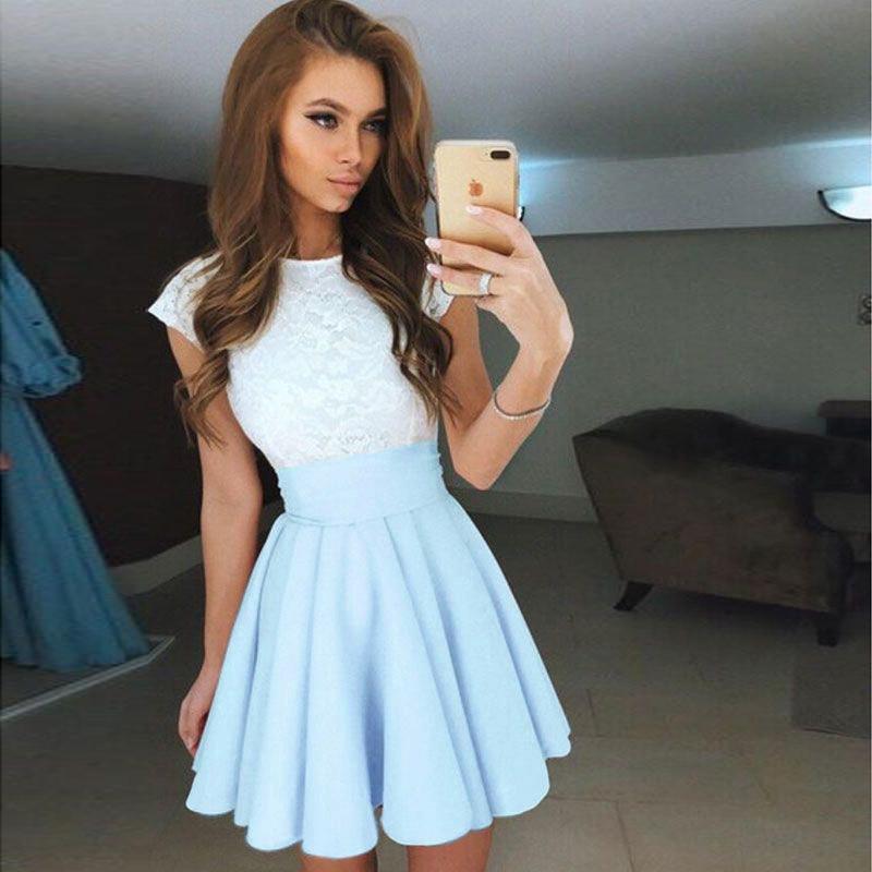 Mini Scoop A-line Lace Patchwork Pleated Short Dress