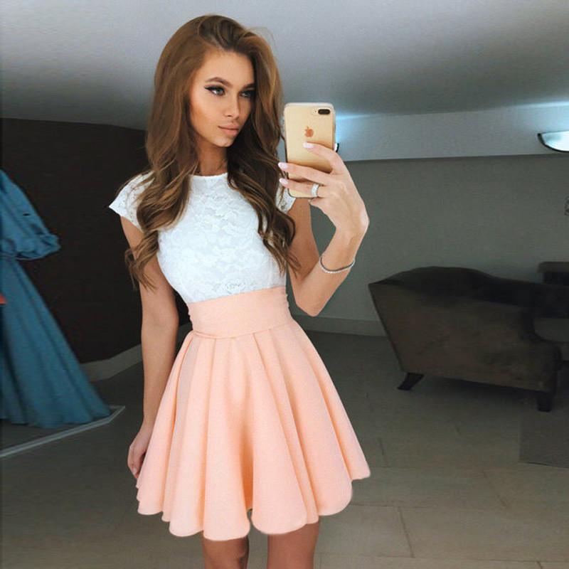 Mini Scoop A-line Lace Patchwork Pleated Short Dress