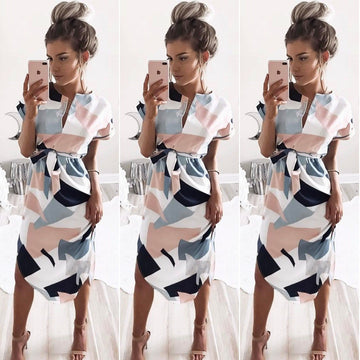 Sexy V-neck Print Irregular Knee-length Dress