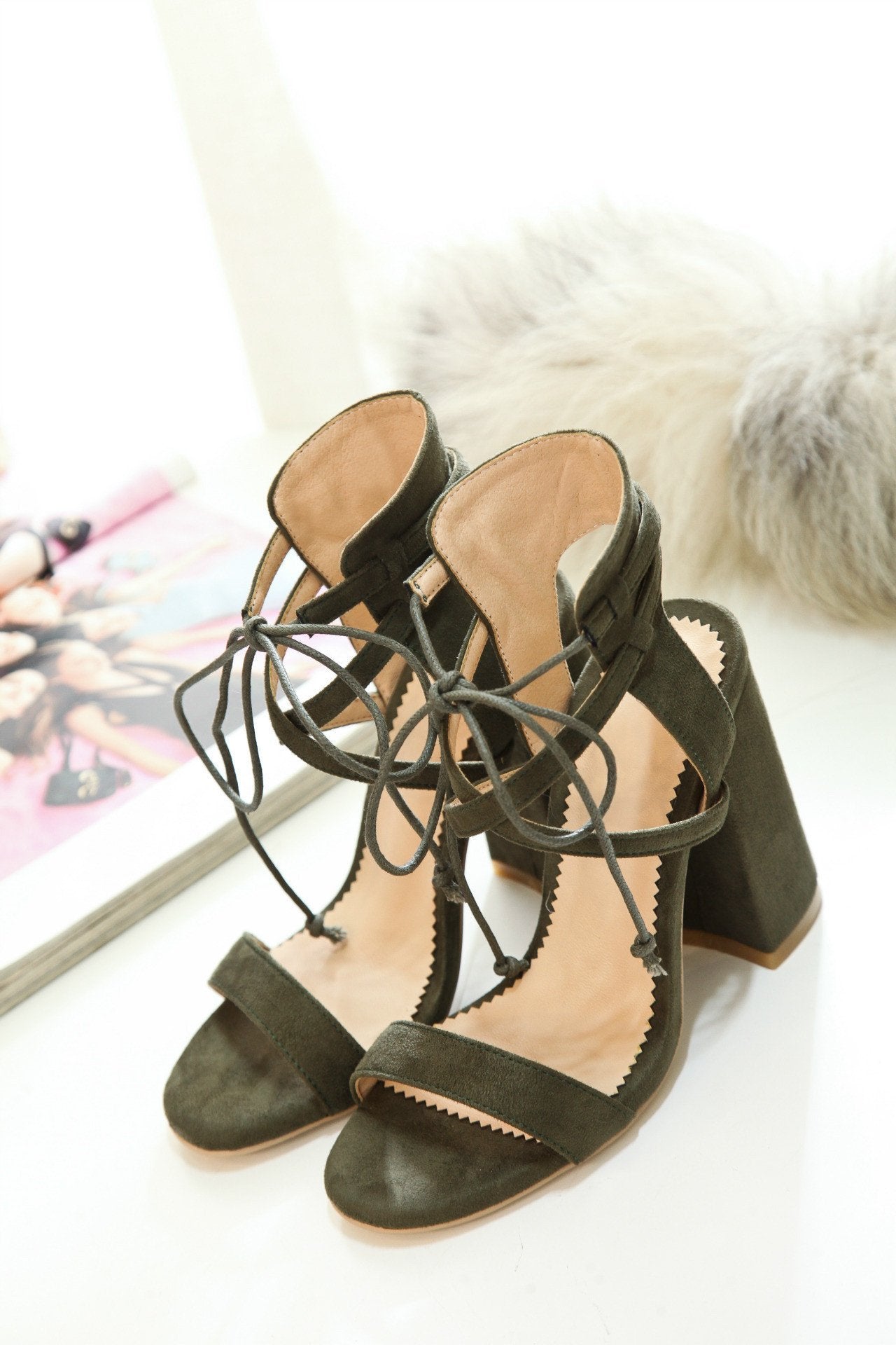 Suede Cross Strap Chunky Heel Sandals