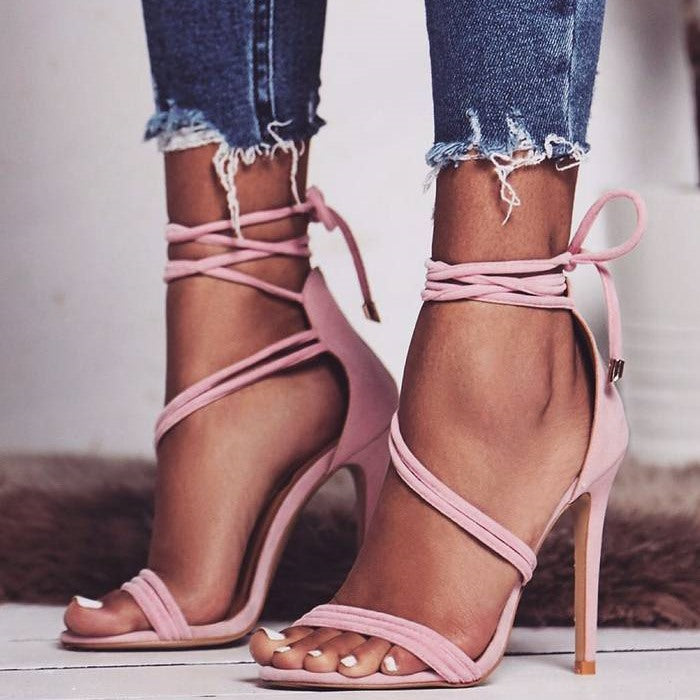 Ankle Lace Up Simple Open Toe Stiletto High Heel Sandals