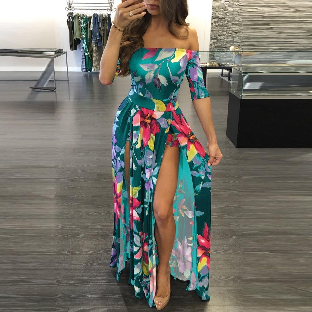 Off Shoudler Short Sleeves Floral Print Long Split Dress