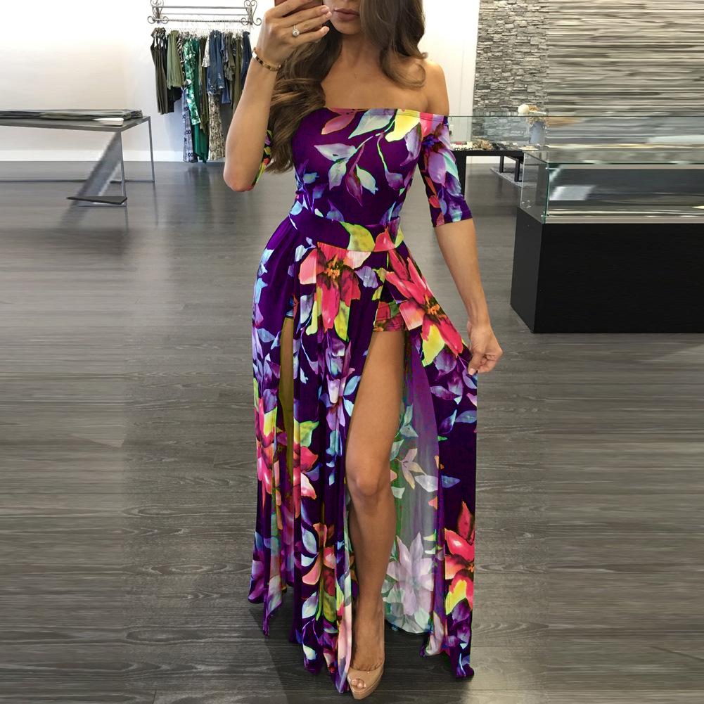 Off Shoudler Short Sleeves Floral Print Long Split Dress