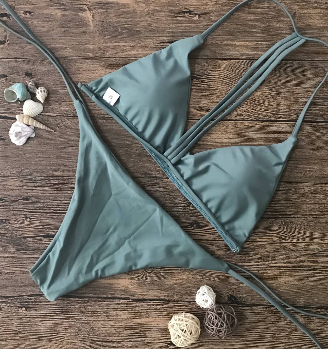 Pure Color V-neck Straps Lace Up Backless Bikini Set