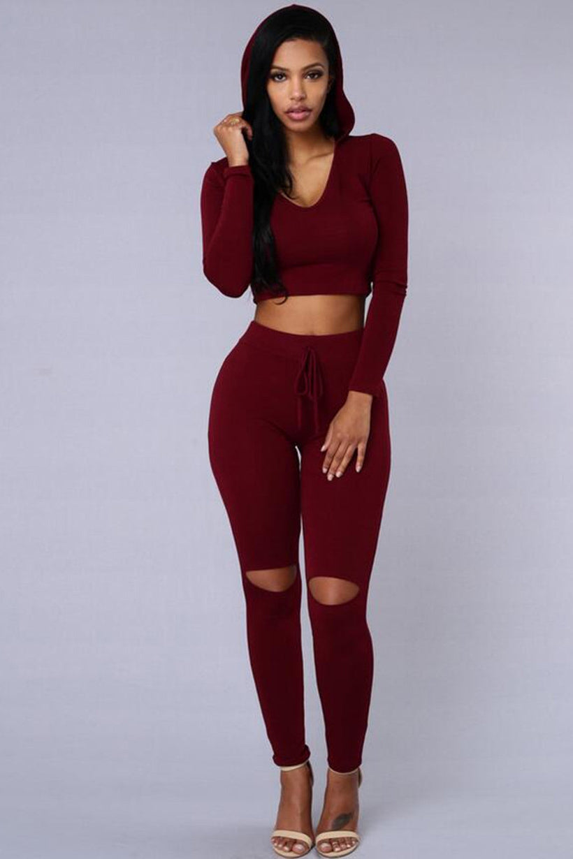 Pure Color Hole Hat Crop Top with Skinny Pants Two Pieces Set