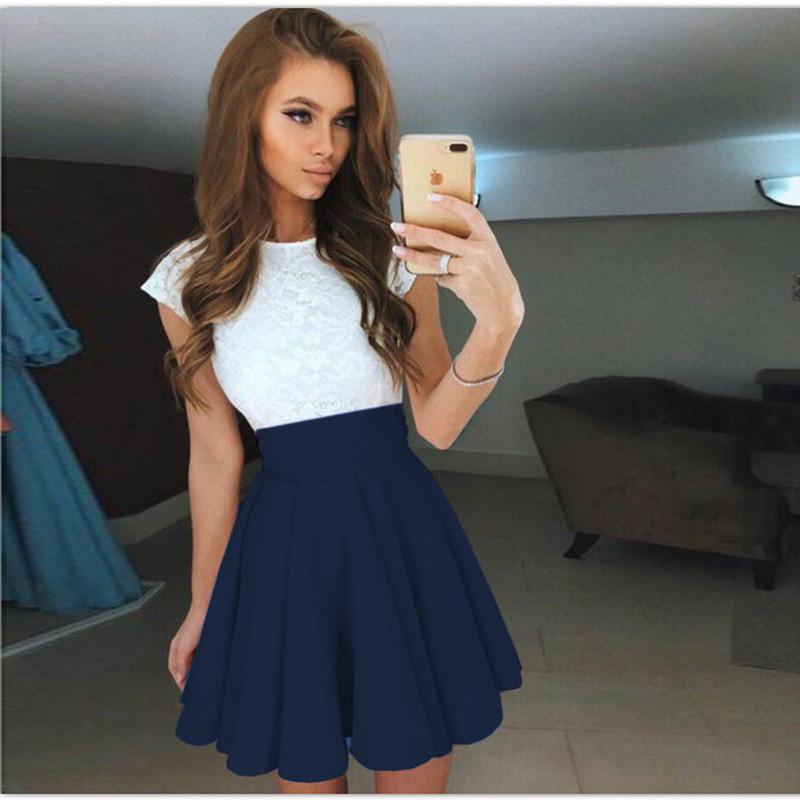 Mini Scoop A-line Lace Patchwork Pleated Short Dress