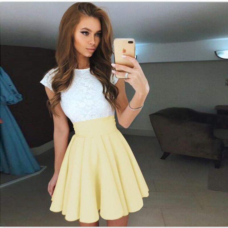 Mini Scoop A-line Lace Patchwork Pleated Short Dress