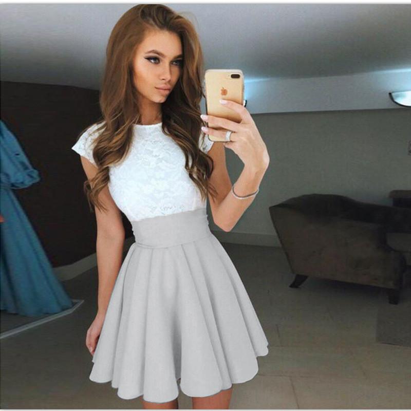 Mini Scoop A-line Lace Patchwork Pleated Short Dress