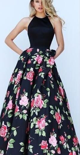 Halter Sleeveless Flower Print Patchwork Flared Maxi Dress
