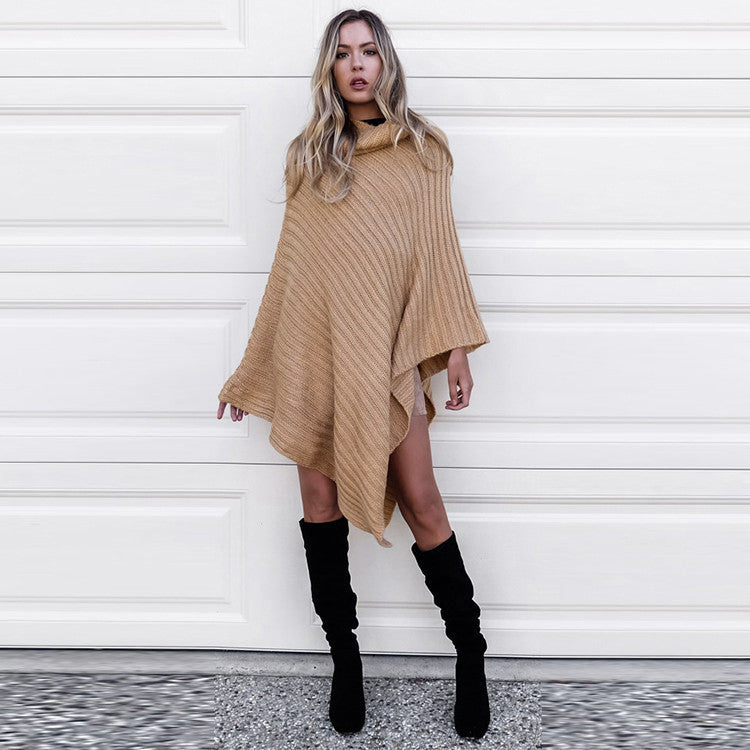 Pure Color Long Sleeves Irregular High Neck Cap Sweater