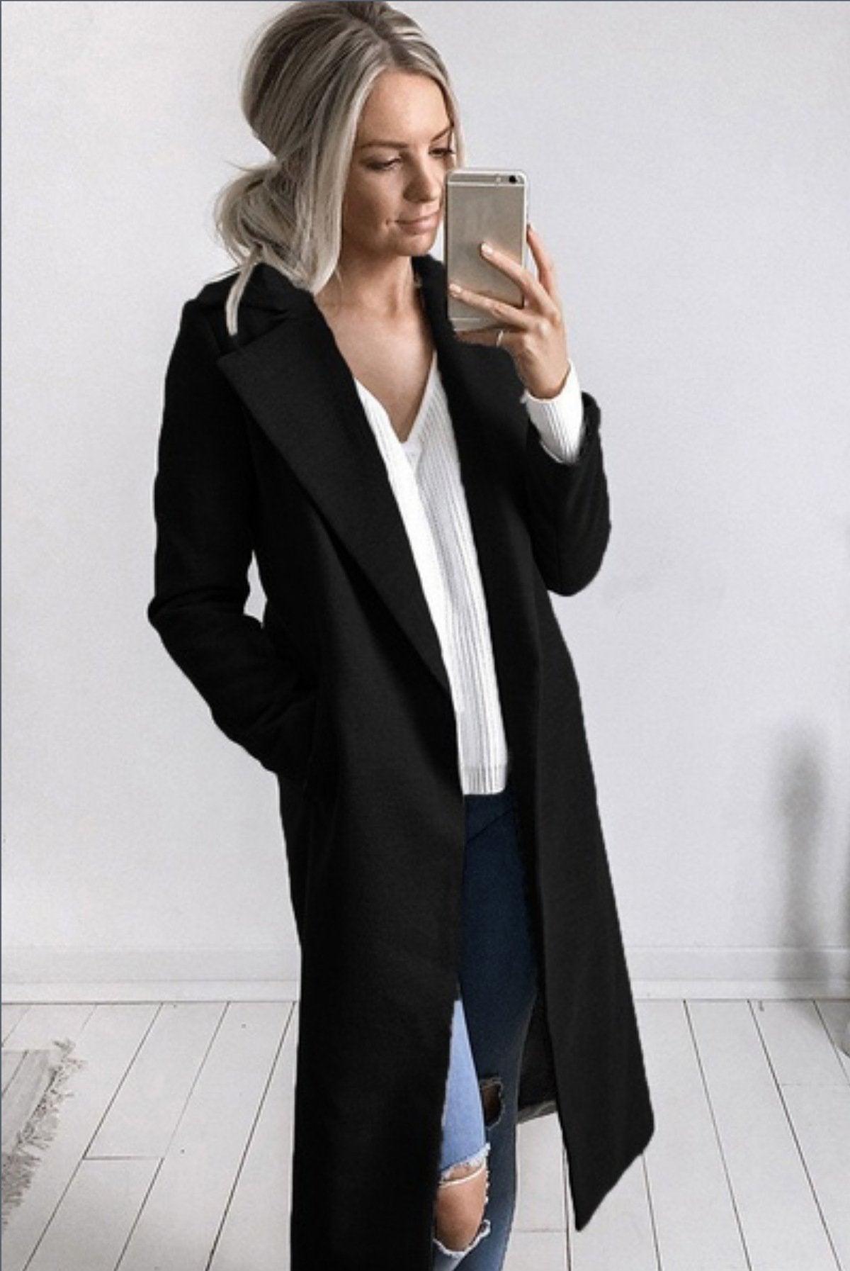 Lapel Collar Pockets Long Slim Woolen Coat