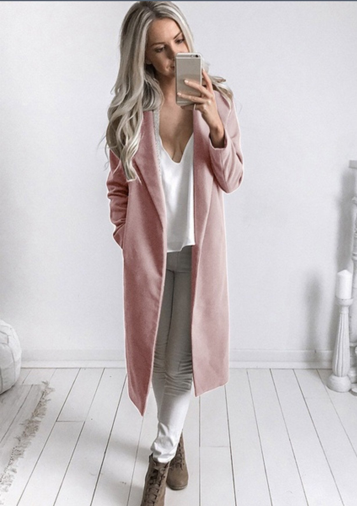 Lapel Collar Pockets Long Slim Woolen Coat