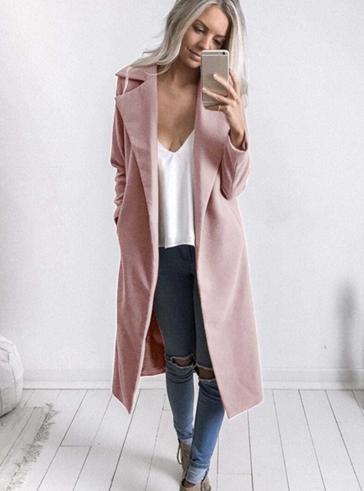 Lapel Collar Pockets Long Slim Woolen Coat
