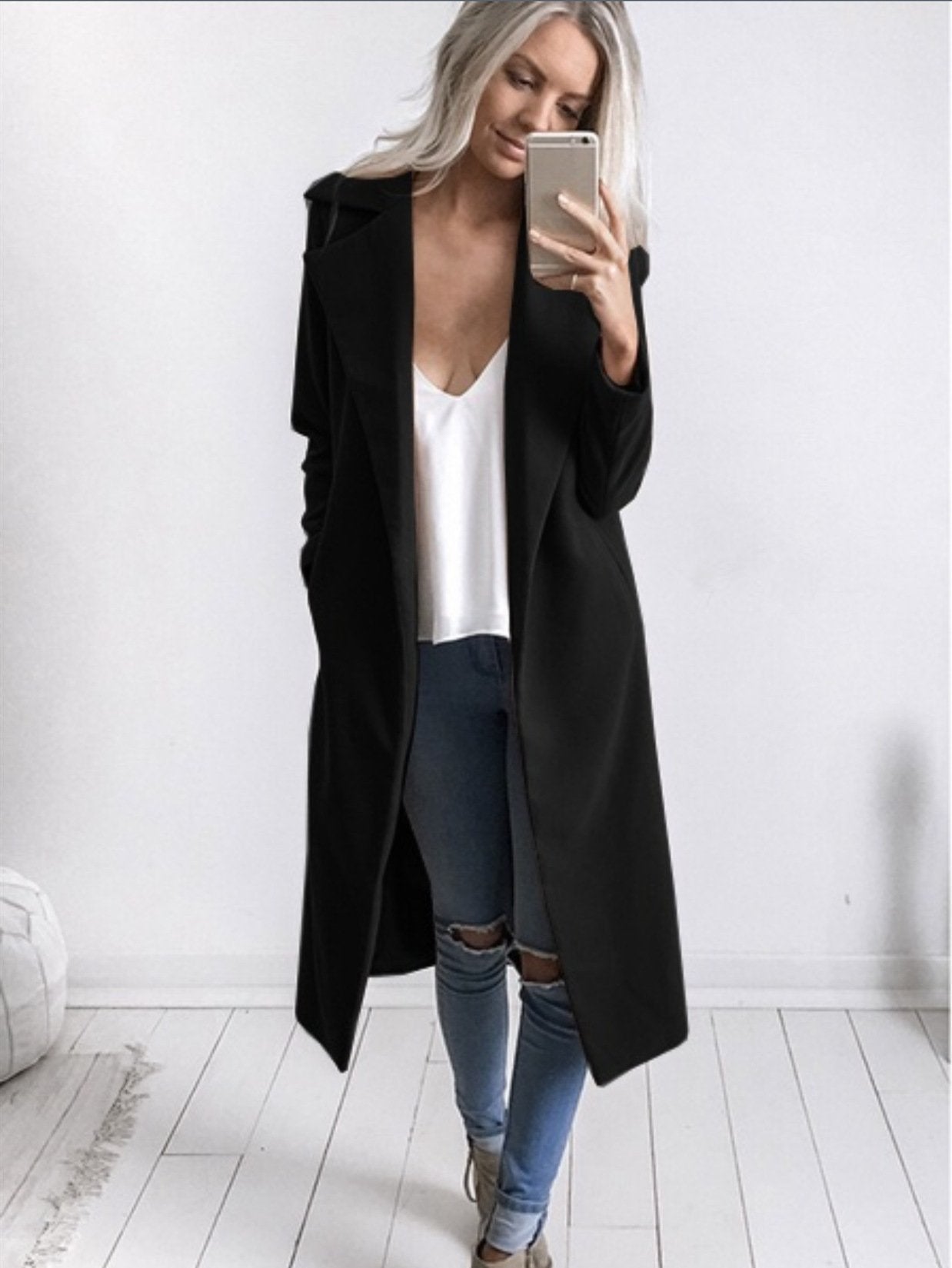 Lapel Collar Pockets Long Slim Woolen Coat