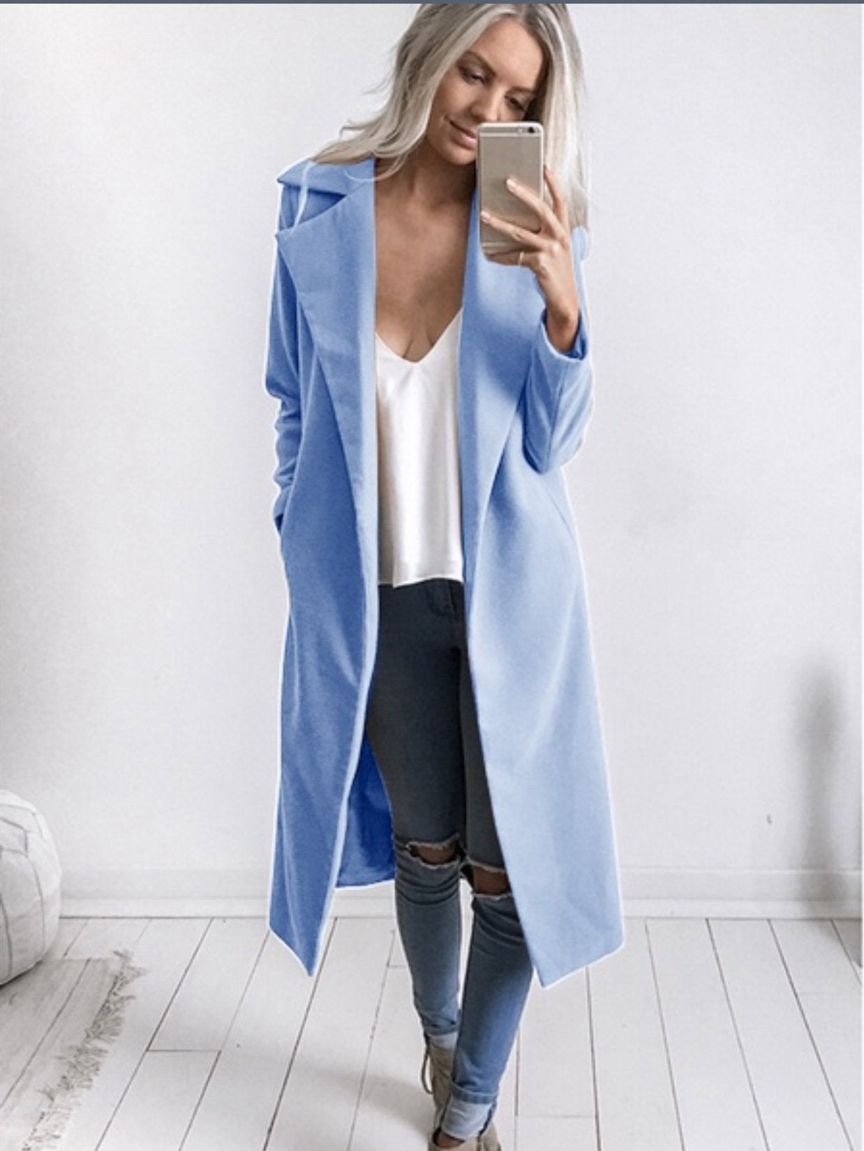 Lapel Collar Pockets Long Slim Woolen Coat