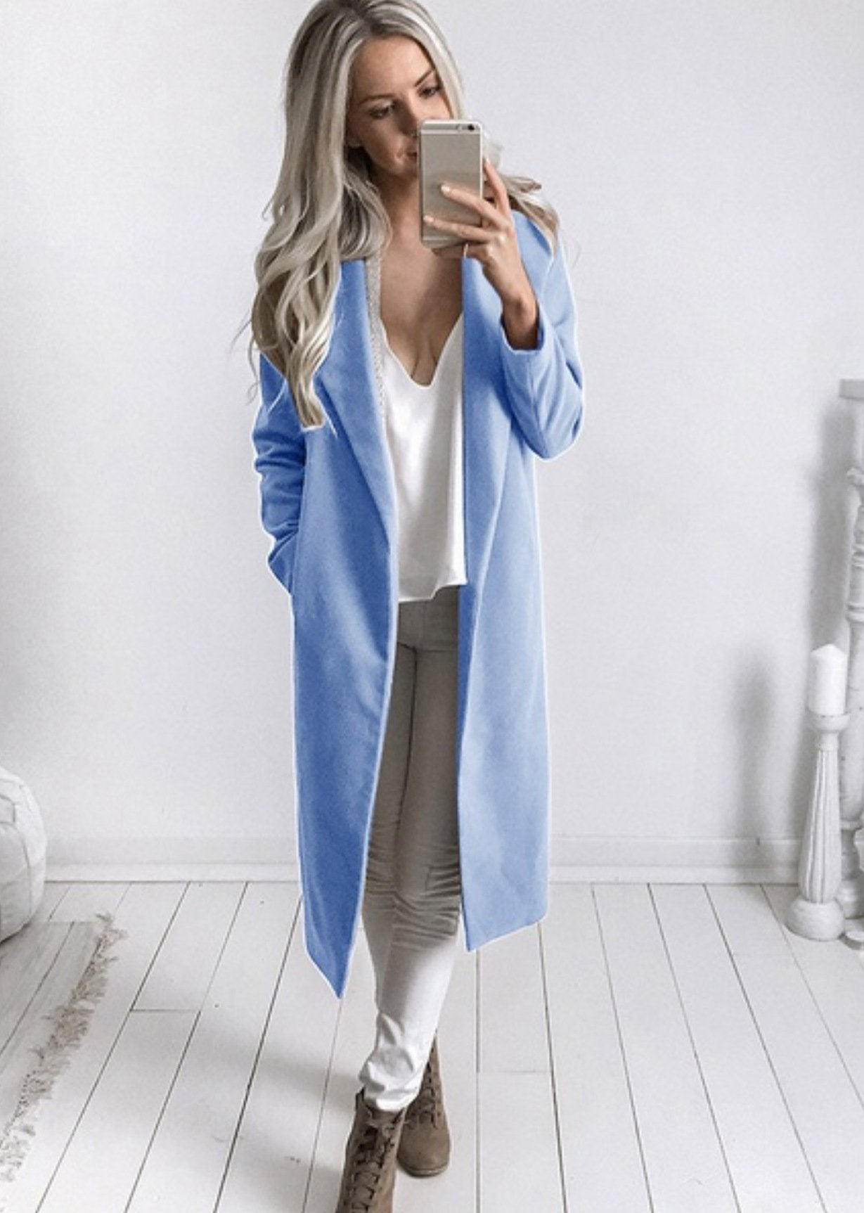 Lapel Collar Pockets Long Slim Woolen Coat