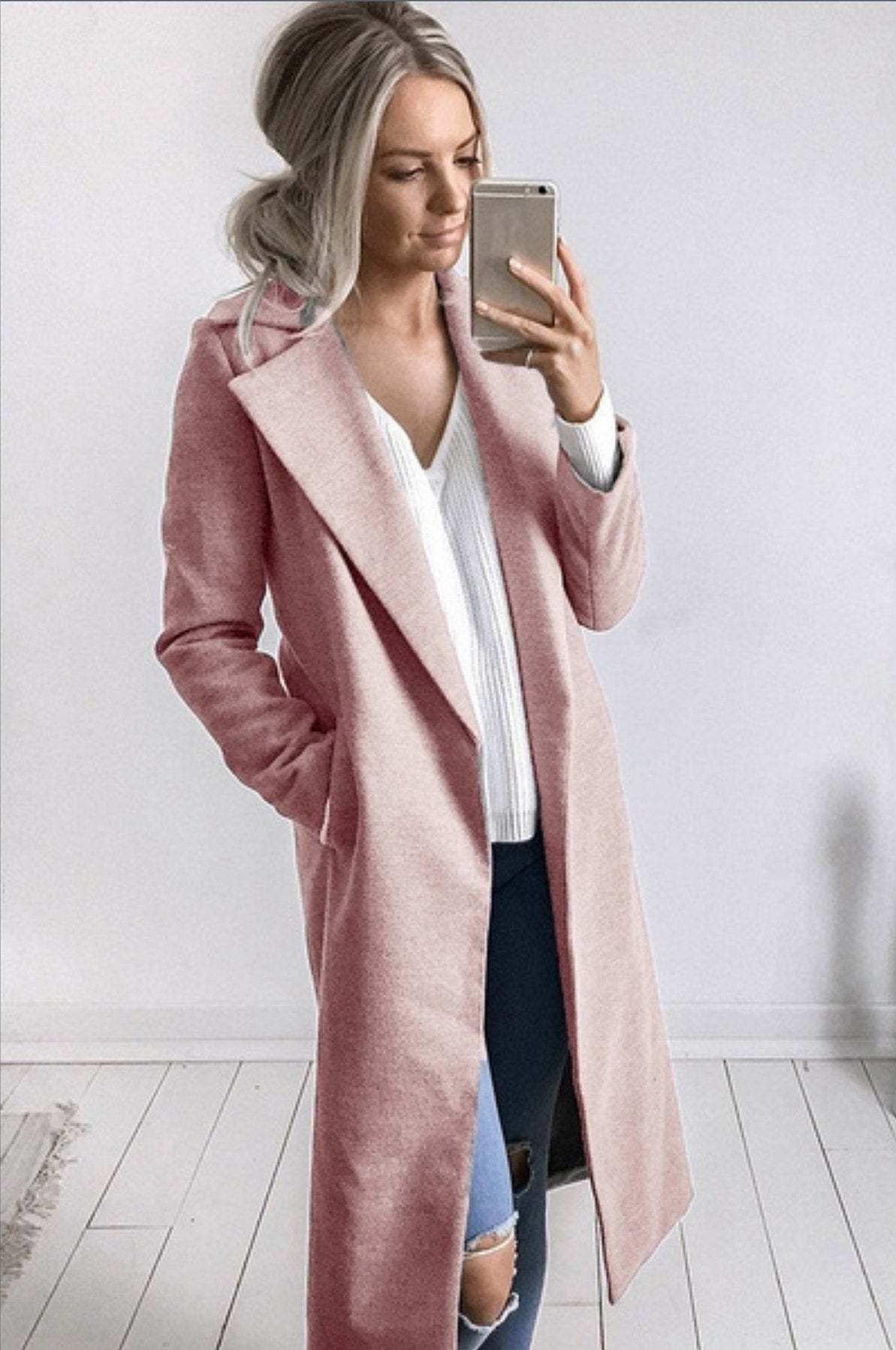 Lapel Collar Pockets Long Slim Woolen Coat