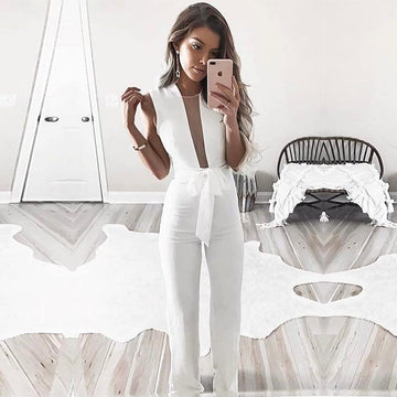Transparent V-neck Straps Long Wide-leg Jumpsuits