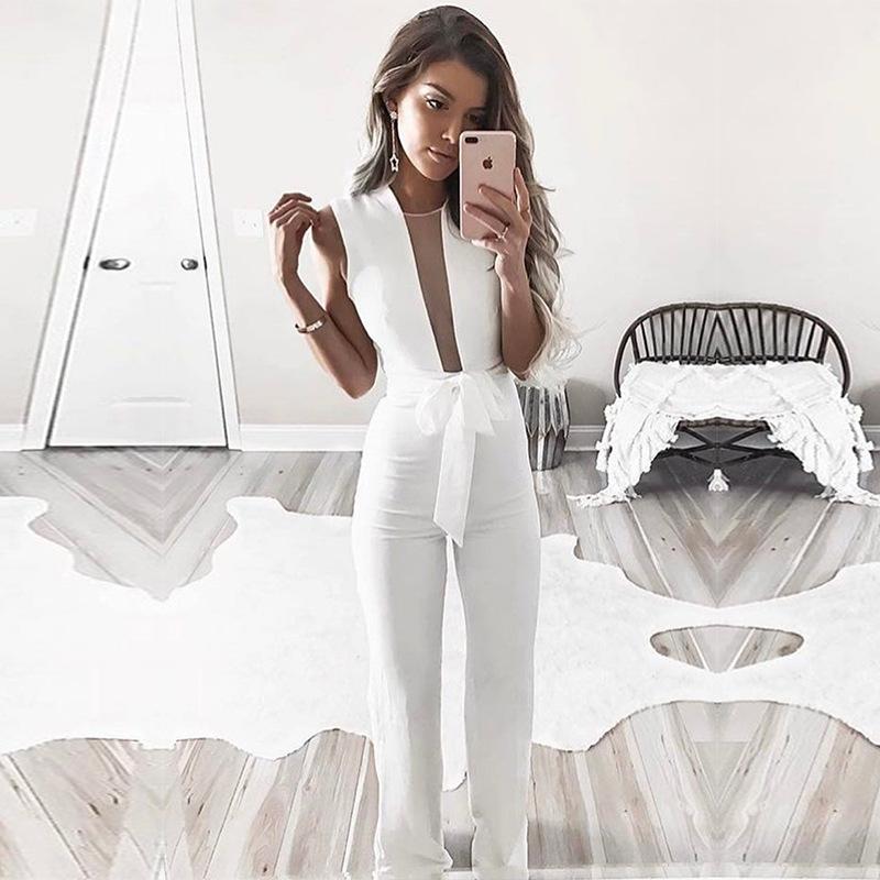 Transparent V-neck Straps Long Wide-leg Jumpsuits
