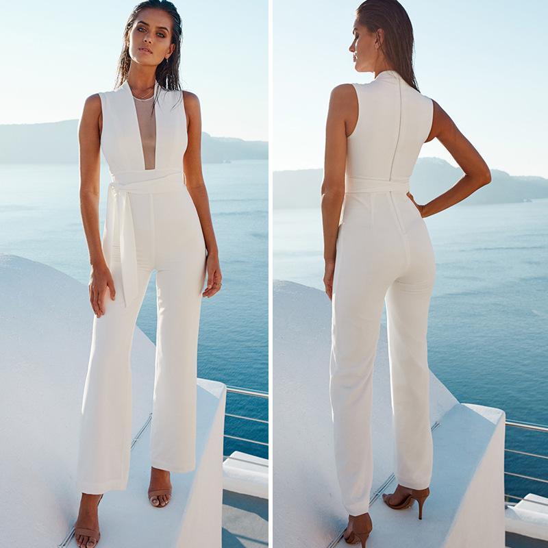 Transparent V-neck Straps Long Wide-leg Jumpsuits