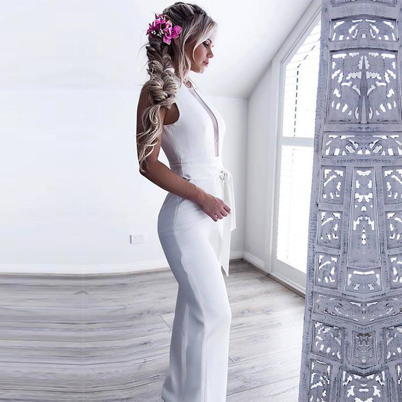 Transparent V-neck Straps Long Wide-leg Jumpsuits